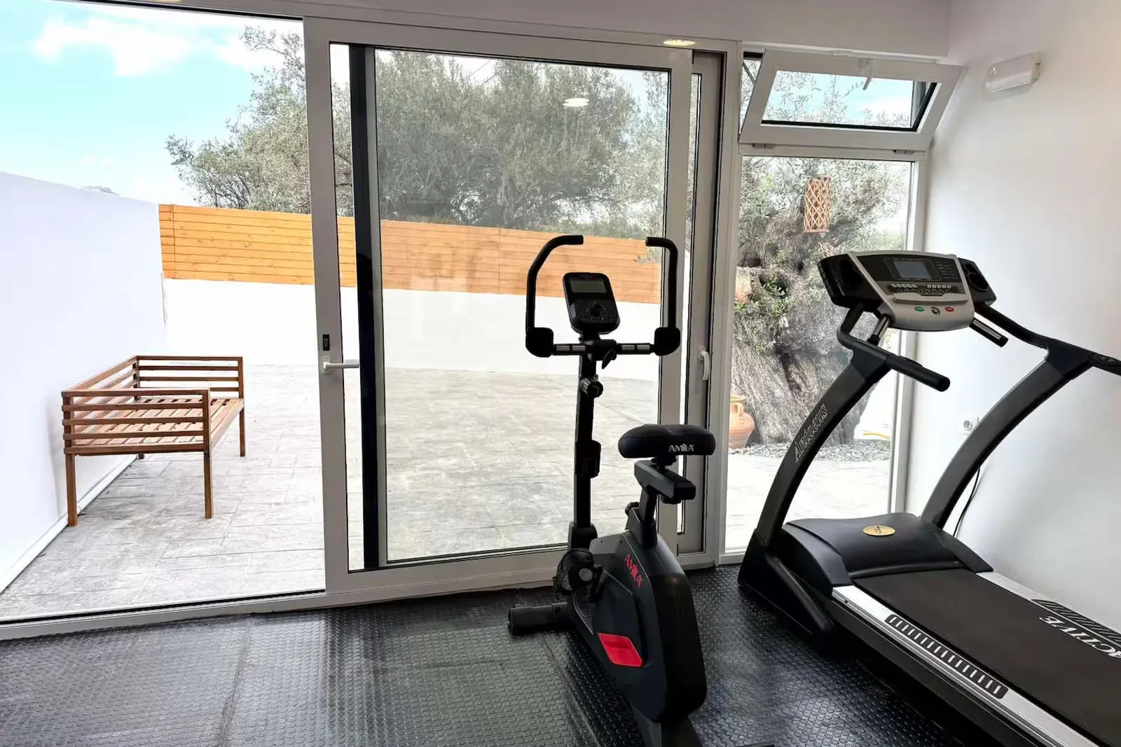 Treadmill by the glass doors